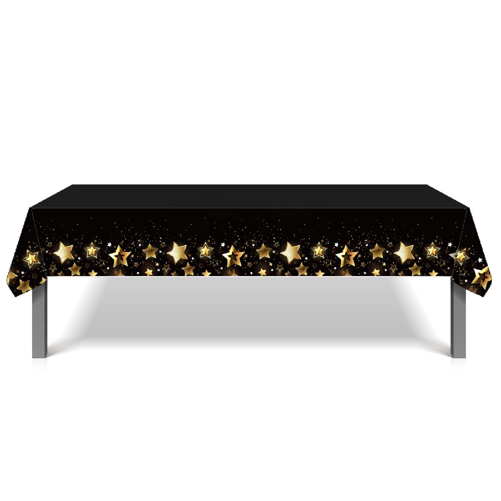 130 x 220 CM Happy New Year Black & Gold Plastic Table Cover for New Years Eve 2026, Christmas Party Tableware Supplies and Decorations (Black)