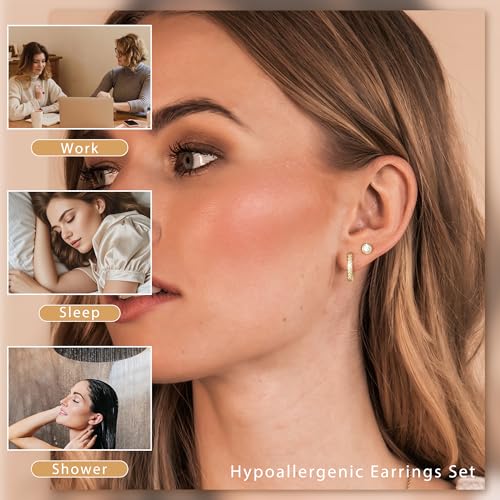Image of KesaPlan Stud Earrings for Women 14K Gold Plated Hypoallergenic Hoop Earrings Set Small Studs Hoop Huggie Earring Multiple Piercing Star Heart Ball Cubic Zirconia Studs Stacks Trendy for Women Men