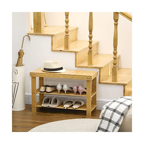 HOMCOM Schuhbank, Schuhregal mit 3 Etagen, Sitzbank aus Bambus, Garderobenbank für 6 Paar Schuhe, Schuhaufbewahrung für Flur, Diele, Natur, 70 x 28 x 45 cm – Bild 3