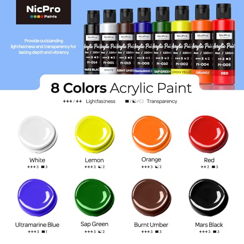 Image of Nicpro 8 Primary Colors Acrylic Paint Set(4 oz, 120 ml), Rich Pigment