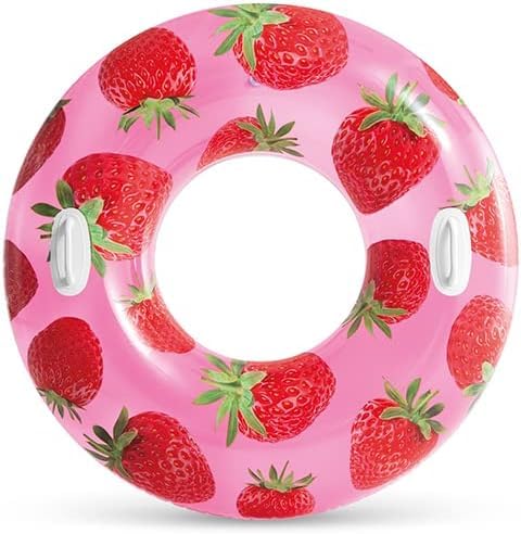 ADEPTNA 42” Tropical Fruit Inflatable Pool Float two strong handles - Fun Swim Ring for Kids and Adults - Perfect for Pool Parties, Lakes, and Beaches (STRAWBERRY)