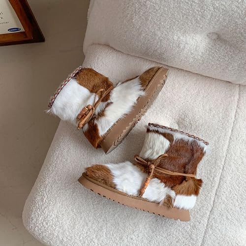 Winter Fur Boots for Women Real Sheepskin Furry Boots Mid-calf with Lace(Maillard, 7)