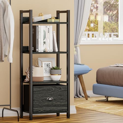 Image of Furologee 4 Tier Bookshelf with Drawer, Small Narrow Bookcase, Wood and Metal Standing Shelf Unit, Industrial Display Storage Shelves Organizer for Bedroom, Living Room, Entryway, Black