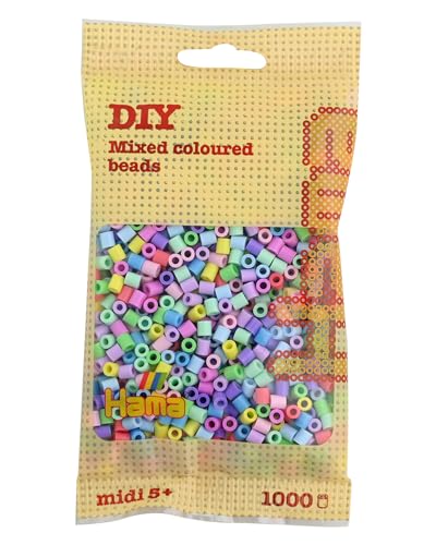 Hama Perlen 207-50 Ironing Beads Bag with Approx. 1,000 Colourful Midi Craft Beads with Diameter 5 mm in Pastel Mix, Creative Craft Fun for Young and Old