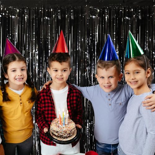 Image of Voircoloria 2 Pack Black Tinsel Foil Fringe Curtains, Black Party Decorations, Metallic Tinsel Party Streamers Backdrop for Birthday Halloween New Years Graduation Party Decorations