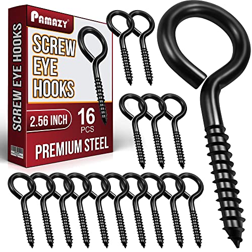 PAMAZY 16 ojales de tornillo, 2.56 pulgadas, ganchos de ojo negro, ojo autorroscante, perno de ojo resistente para asegurar cables de madera, soporte de hamaca, uso en interiores y exteriores