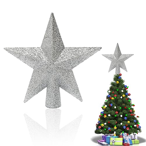 Bukezudang Estrella de Punta de Árbol, Superior del árbol de Navidad 20cm, Topper de Árbol de la Estrella, Estrella del árbol de Navidad, Adorno de árbol de Estrella, Plata