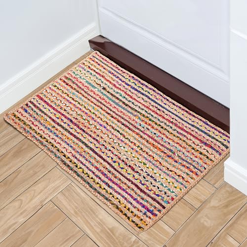 Hausattire Bohemian Braided Rug 2'x3' - Multi Color, Small Farmhouse Jute Cotton Area Rag Rugs for Entryway, Kids Playroom, Front Door | Colorful Hand Woven Reversible Accent Mat - 24x36 Inch