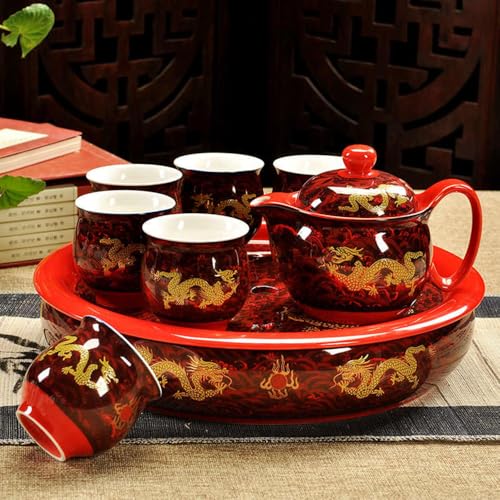 Image of Liang baobao Porcelain Tea Tray, Double-Layer Ceramic Tray with Water Storage Circular for Tea Coffee Serving Table (12 inch Dragon red)