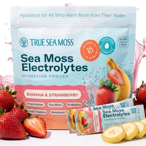 TrueSeaMoss Electrolytes Powder Concentrate Packets 15 Stickpacks Hydration Powder with Sea Moss and Potassium No Sugar Drinks Banana & Strawberry