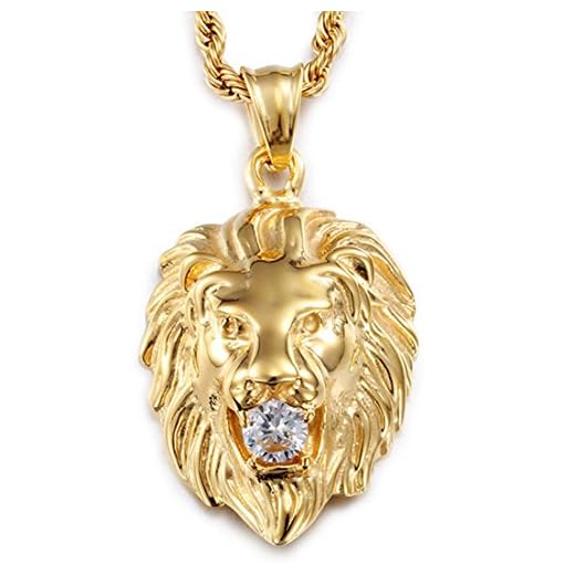 Jewelry Kingdom 1 Stainless Steel Vintage Men's Gold Lion Pendant Necklace White Stone Rope Chain 24"