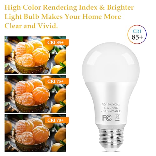 PARTPHONER A19 LED Light Bulb, 100 Watt Equivalent LED Bulbs, 13W Warm White 2700K, 1500LM, E26 Standard Base Non-Dimmable White LED Light Bulb, CRI 85+, 4-Pack by PARTPHONER - Used condition - Image 3
