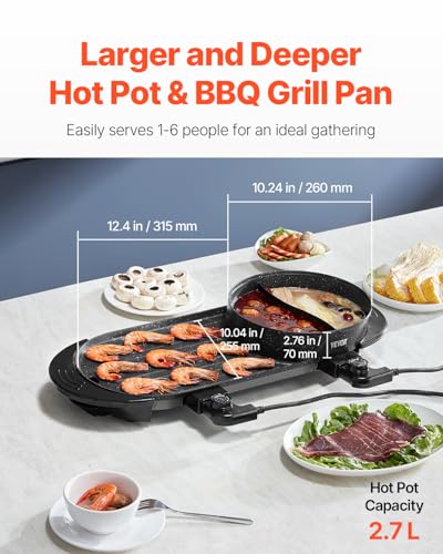 VEVOR Hot Pot with Grill, 2200W 2-in-1 Electric Smokeless Grill and Hot Pot, Korean BBQ Shabu Shabu Hotpot with Separate Dual Temperature Control, Non-stick Pan, for 1-6 People Family Dinning - Image 4