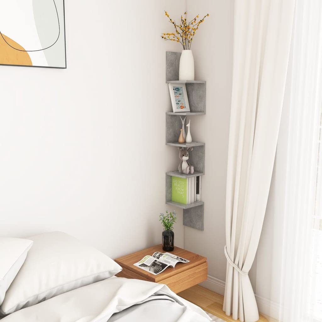 Mensola angolare da parete, 20 x 20 x 127,5 cm, finitura in cemento grigio, scaffale sospeso per soggiorno, bagno, libri e decorazioni, materiale derivato dal legno