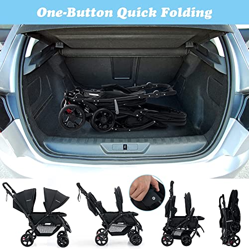 BABY JOY Foldable Tandem Stroller, Double Seat Baby Pram w/Adjustable Backrest, Push Handle and Footrest, Toddler Stroller with Safety Wheels, 5 Points Safety Belts for Twin Infant New Born (Black) - Image 6