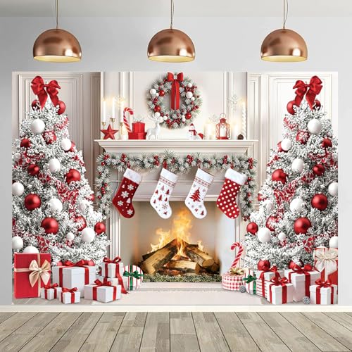 Christmas Fireplace Photography Backdrop 8x6FT Xmas Trees Socks White Fireplace Background Winter Holiday Christmas Party Decorations Supplies Photo Props