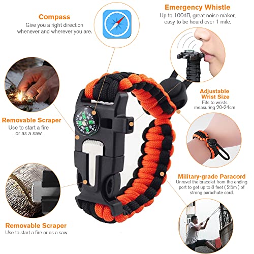 flintronic Paracord Survival Armband Kit, 5-in-1 Überlebensarmband Set, Feuerstarter aus Feuerstein und Stahl+100-dB-Pfeife+Basiskompass+Mini-Säge+Wasserdichtes Paracord in Militärqualität