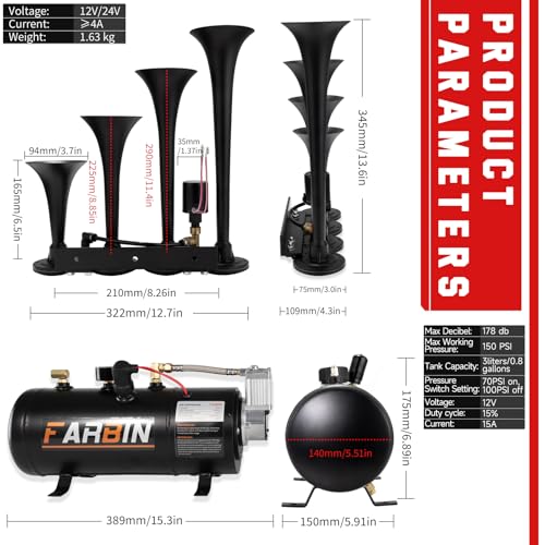 Image of FARBIN 178DB Four Trumpet Horns Super Loud Air Horns with 150 PSI Air Tank Train Horn Kit for Truck with 12V Air Compressor Can for Truck Jeep SUV Train Metal (0.8 gal 12V Black Parallel Air Horn Kit)