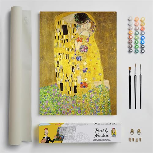 DonElton Pintar por Números para adultos inspirado por Gustav Klimt - 40x50 cm Kits de pintura con Pinceles, colores acrílicos y lienzo de lino, Sin marco - Regalo creativo (El beso)