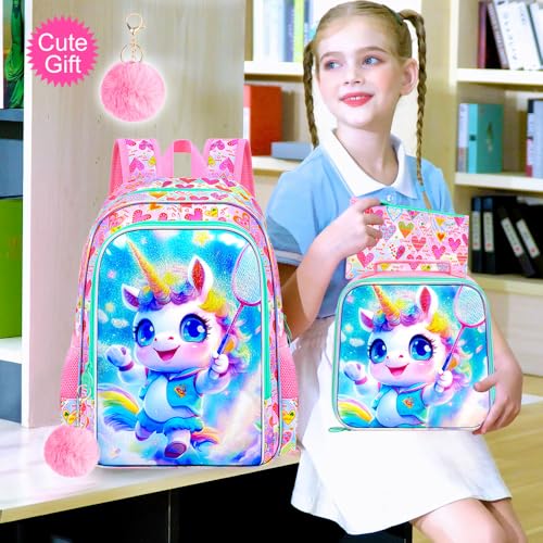 Image of 16 inch Unicorn Backpack, 3Pcs Girls School Bookbag Set with Lunch Box,Kids Backpacks for Elementary Preschool Kindergarten (Pink)
