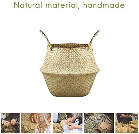 Kelisidunaec Seagrass Storage Basket, Woven Seagrass Belly Basket Home Storage Organizer Laundry Basket Foldable Woven Plant Basket with Handle for Toys Picnic Snacks Flower