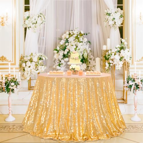 Image of B-COOL Gold Round Tablecloth Party Decorations: 132 Inch Table Cloth Large Sequin Fabric Overlay for Indoor Outdoor Dining Parties Graduation Christmas