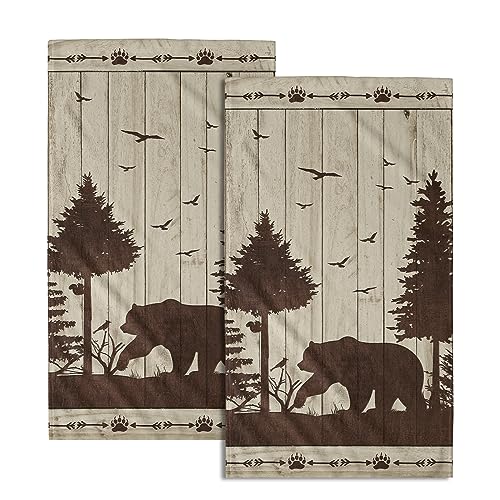 Bear Hand Towel Set of 2,Wild Animal Mountain Forest Campsite Cabin Soft Absorbent Face Towels and Dishcloths for Bathroom Kitchen Decoration,Campers Camping Lovers Gift 28×14 in