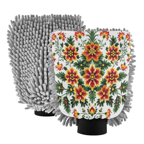 Kigai Mexican Knit Style Car Wash Mitt Microfiber, 2Pcs Scratch Free Lint-Free, Premium Chenille Microfiber Mitt Car Wash Brush-M