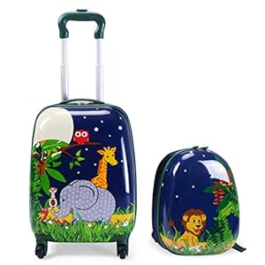 COSTWAY 2 stuks kinderbagage, handbagage set met rugzak en koffer, rollende koffer, schattige cartoonpatroon reiskoffers…