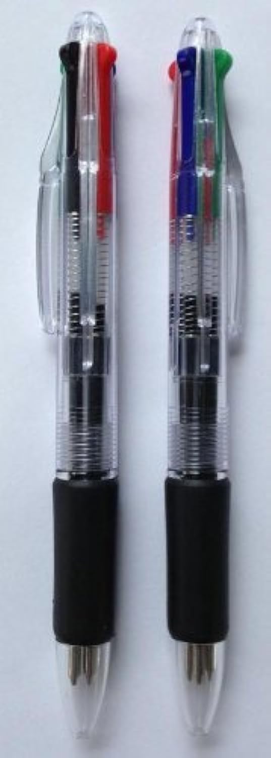 2 x Multicolour Retractable Ballpoint Pens with Grip, 4 Colours BLACK, GREEN, RED, BLUE. 4 in 1 Multi-Colour Ball Point Biro Pens, 0.7mm writing line