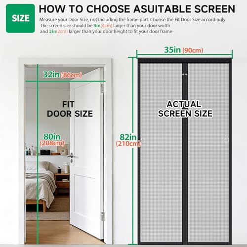 Image of HOFUDON Upgraded Magnetic Screen Door Mesh, Full Strip Magnets, Heavy Duty Fiberglass Mesh, Door Screen Magnetic Closure for Single Door Size 32 x 80 Inch, Screen Door Size 35 x 82 Inch Black