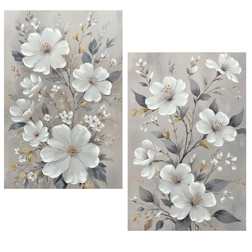 DRW Quadro su tela con fiori dipinti a mano in bianco e grigio 60 x 3 x 90 cm