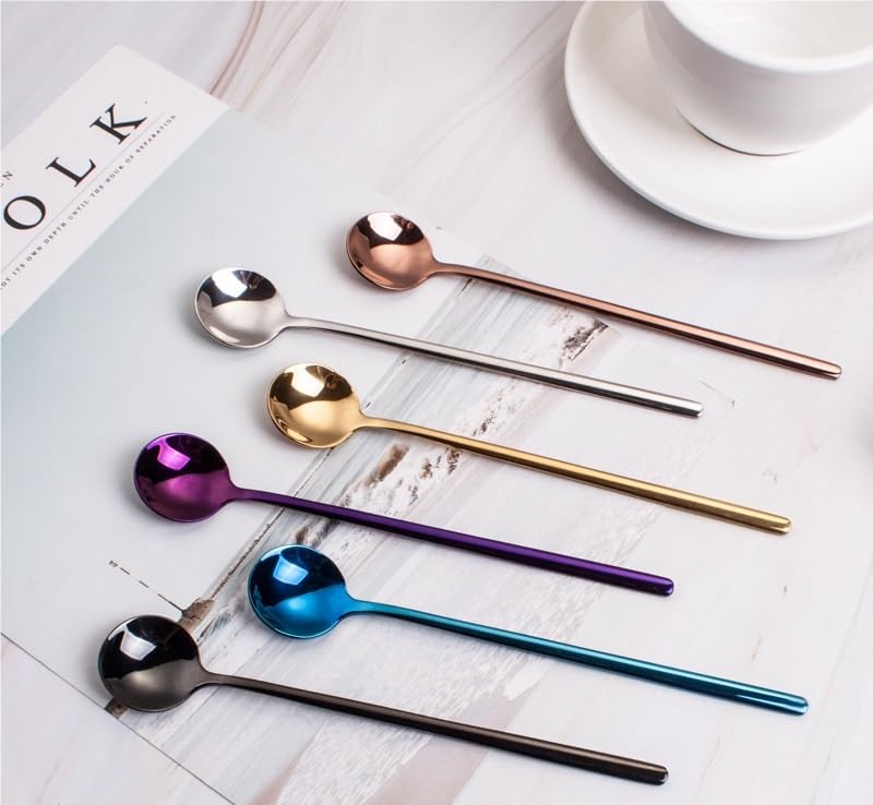 ONUIFIKE Silverware Set, 304 Stainless Steel Long Handled Coffee Spoon Stirring Spoon Round Ice Spoon Colorful Ice Cream Spoon, Home Cutlery Flatware Set(Silver)