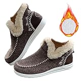 Botines planos y esponjosos para mujer, mini botas de tobillo, antideslizantes, cálidos, puntera redonda, parches bordados (marrón claro, 38/7.5)