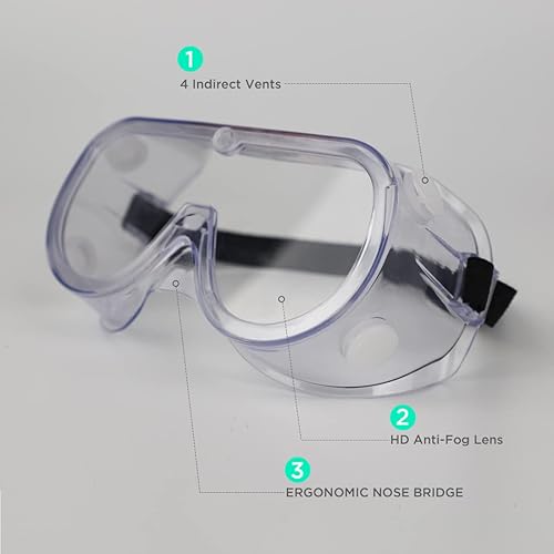 Miniatura 5 de LiTHELi Gafas de seguridad, gafas de seguridad con lente antivaho transparente, diadema elástica ajustable, 4 rejillas de ventilación indirectas, 1
