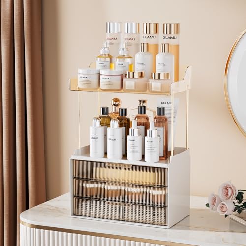 Image of Delamu 5-Tier Makeup Organizer, Bathroom Counter Storage, 3 Drawers, Amber