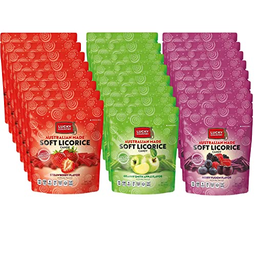 Soft Australian Strawberry Licorice (8) - Granny Smith Apple Licorice (8) - Berry Fusion Licorice (8) - Lucky Country 10Oz Bags - Non-Gmo, No Hfcs, Low Fat & Kosher - Made In Australia #TOP9