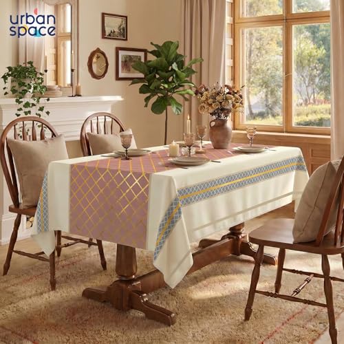 Image of Urban Space 100% Cotton Dining Table Cover for 6 Seater, Gold Foil Printed Cotton Table Cloth for Center Table, Dining Room Table Cover (Size 48 inch x 92 inch - 6 Seater, Zari jaal Dusty Pink Gold)