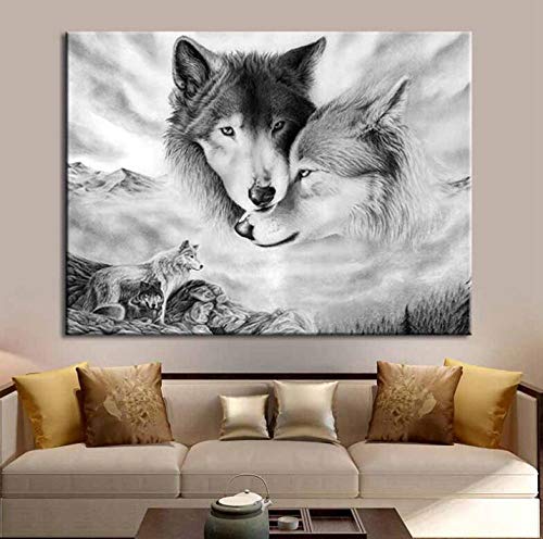 Henypt Tableau Peinture Huile sur Toile Loup Noir et Blanc Animal Peinture sur Toile décoration de la Maison Salon Peinture sans Cadre-sans Cadre, 50 * 70cm