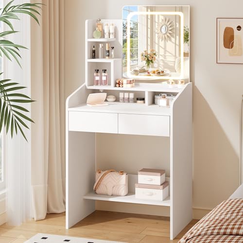 LIVELYGLOW Small Makeup Vanity Desk with Lighted Mirror, White, 23.62' W x 15.74' D x 53.93' H...