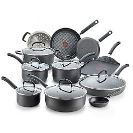 T-fal Ultimate Hard Anodized Nonstick Cookware Set 17 Piece Oven Safe 400F, Lid Safe 350F Pots and Pans, Dishwasher Safe Black