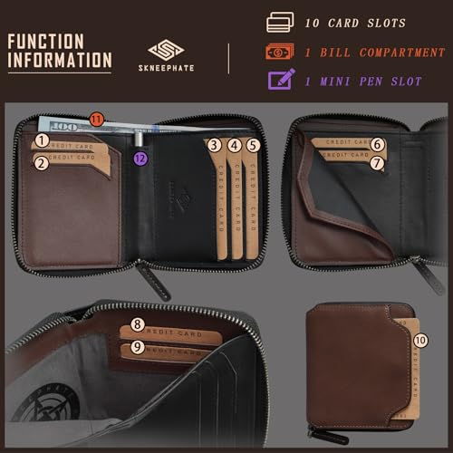 Zippered Wallets For Men Thin And Small Leather Zipper Wallet With Back Pocket RFID Blocking Gift Idea (coffee)3