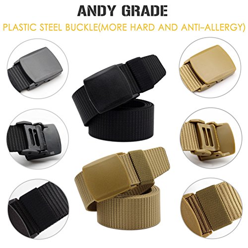 Image of Nylon Tactical Military Men Belt Webbing Canvas Web Belts with Plastic Buckle No Metal Nickel Free, 2 Pack