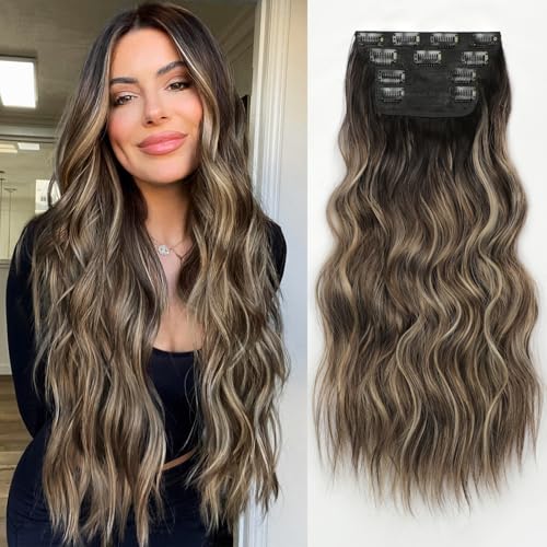 Image of KooKaStyle Thick Hair Extensions 20 inch Dark Brown Root Ash Blonde Champagne