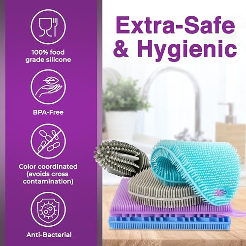 Image of Silicone Dish Scrubber Sponges (5-Pack) - Dual-Sided Silicone Scrubbers and 1 Bottle Stick Brush - Food Grade Kitchen Scrubbers for Dishes - BPA-Free Sponges