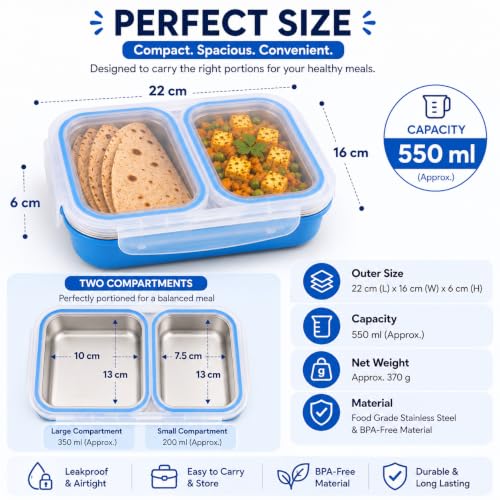 Image of Bento Lunch Box 550ml, Stainless Steel Lunch Box with 2 Compartments & Spoon, Microwave Safe BPA Free Tiffin Box, Leak Resistant Lunch Box for Kids & Adults, Office, School & Travel Blue