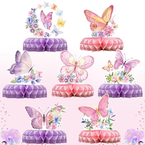 QIFU 7 Pièces Centre de Table Anniversaire Filles Papillons - Papillons Centres de Table en Nid d'abeille Décorations d'anniversaire de Fête pour Filles...