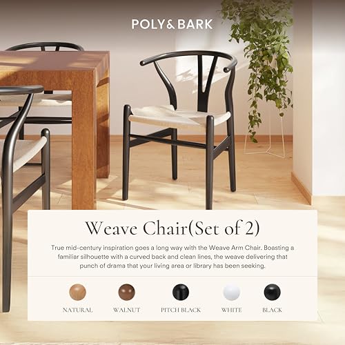 Image of Poly & BARK Weave Dining Chairs - Mid-Century Modern Wishbone Dining Chairs with Arms, Solid Wood Frame, Indoor Use - Black - Set of 2 - Ideal for Dining Room, Kitchen or Stylish Accent Setting