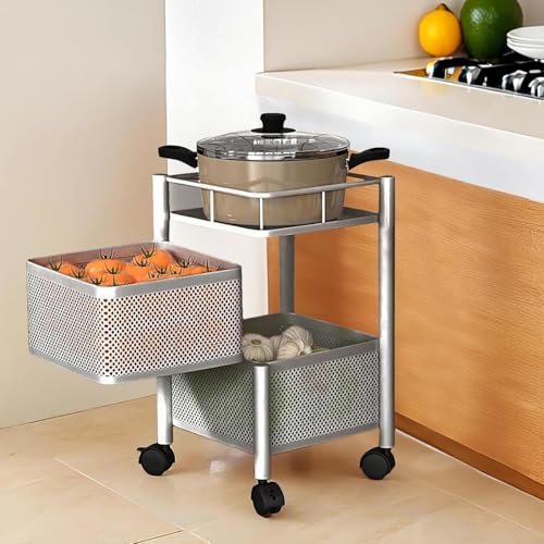 Kitchenstory Storage Rack | 360° Revolving Vegetable Kitchen Rack | Square Multipurpose Storage Trolley with Wheels | Metal Fruit Storage Rack | Kitchen Cabinet Spice Rack (Silver, 2 Layer)