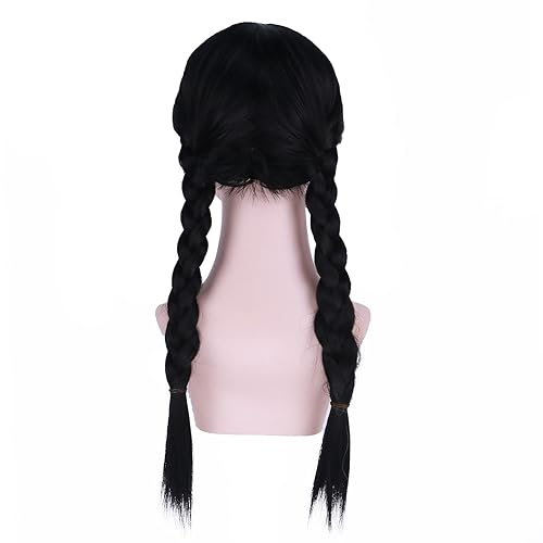 Miniatura 4 de Peluca negra para niñas y niños, peluca larga y recta trenzada negra con flequillo peluca sintética para cosplay infantil con gorra de peluca